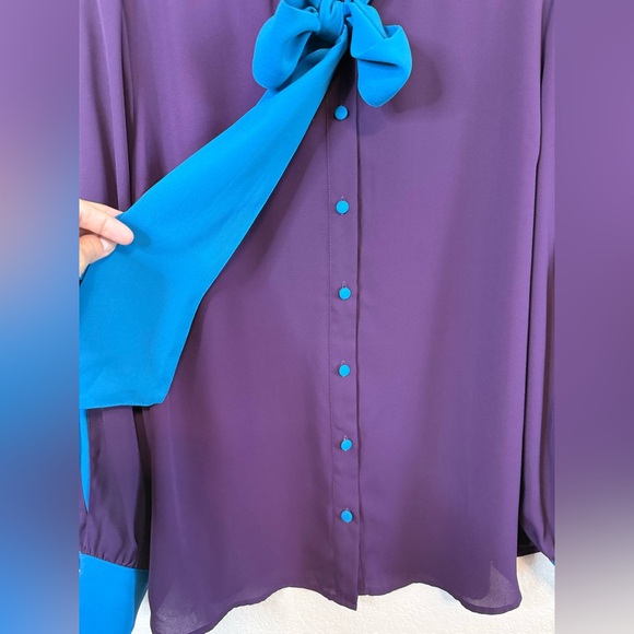 Vintage New York & Co Purple Blue Long Sleeve Funky Button Front Bow Shirt Sz LG - Picture 5 of 13